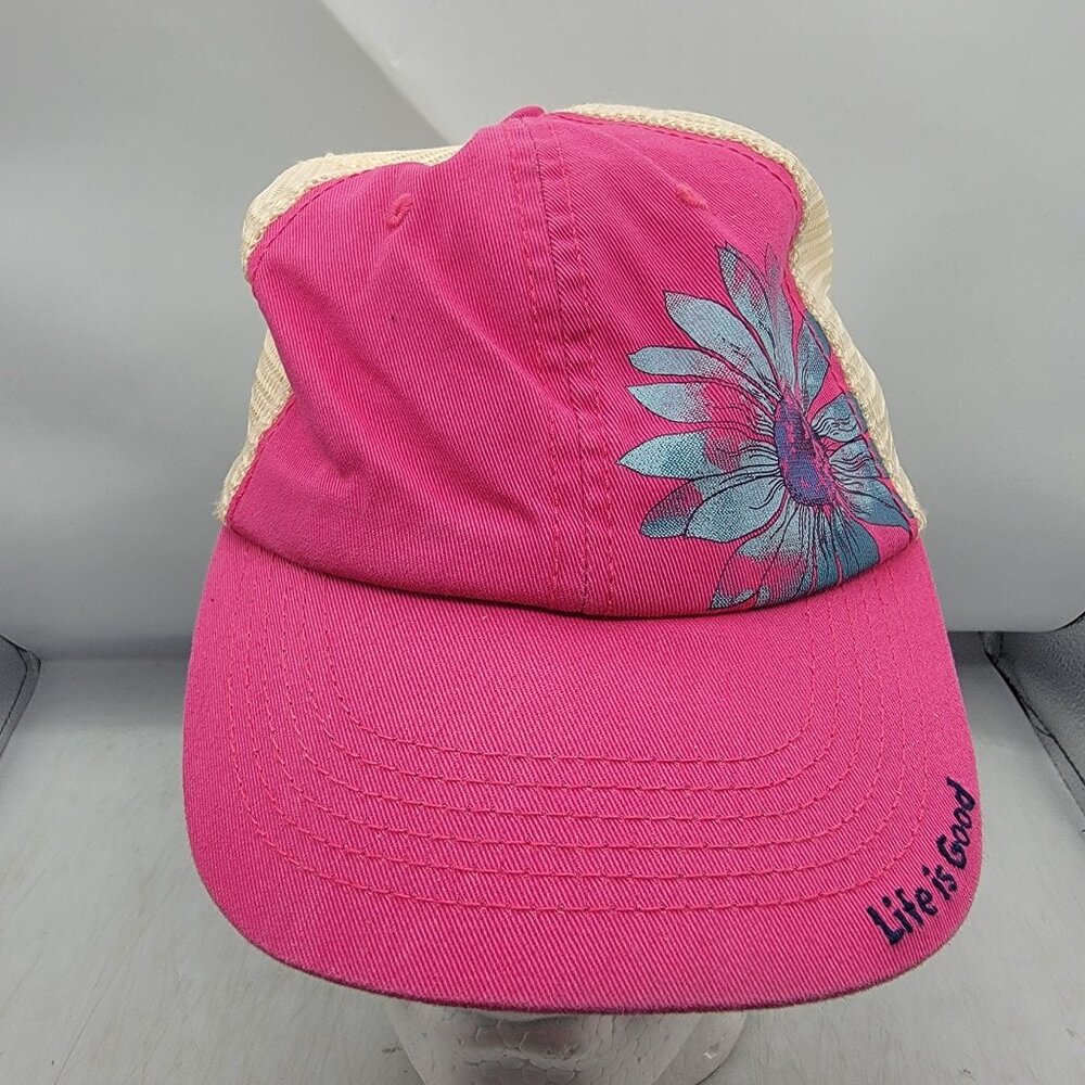 Life Is Good Pink White Flower Hat Mesh Back Floral Casual Comfort Outdoors